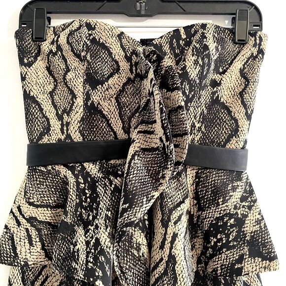 JayGodfrey Strapless Mini Dress Tan Black Snakeskin Print Leather Belted‎ Size 2 - Picture 2 of 7